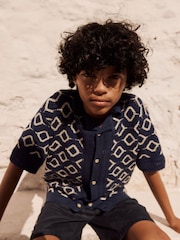 Navy Blue Crochet Short Sleeve Button Through Knitted Polo Shirt (3-14yrs) - Image 4 of 8