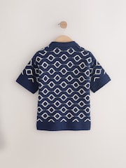 Navy Blue Crochet Short Sleeve Button Through Knitted Polo Shirt (3-14yrs) - Image 6 of 8