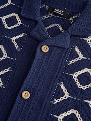 Navy Blue Crochet Short Sleeve Button Through Knitted Polo Shirt (3-14yrs) - Image 7 of 8