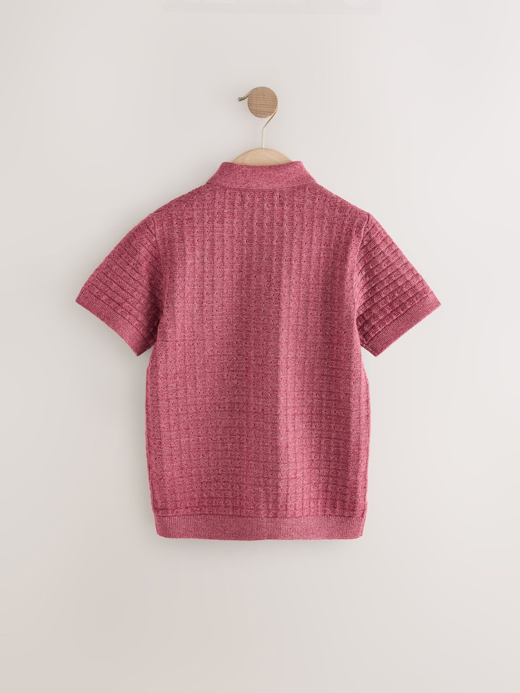 Burgundy Red Short Sleeve Knitted Button Through 100% Cotton Polo Shirt (3-16yrs) - Image 2 of 4