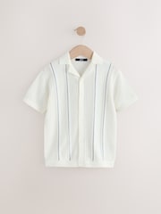 Ecru Vertical Stripe Short Sleeve Button Through Knitted 100% Cotton Polo Shirt (3-16yrs) - Image 1 of 4