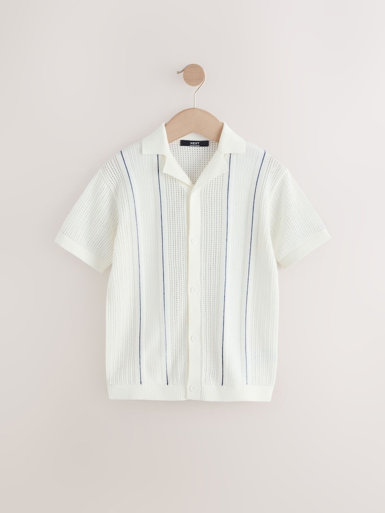 Ecru Vertical Stripe Short Sleeve Button Through Knitted 100% Cotton Polo Shirt (3-16yrs) - Image 1 of 4