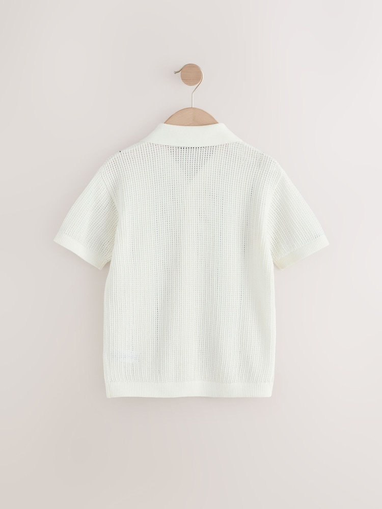 Ecru Vertical Stripe Short Sleeve Button Through Knitted 100% Cotton Polo Shirt (3-16yrs) - Image 2 of 4