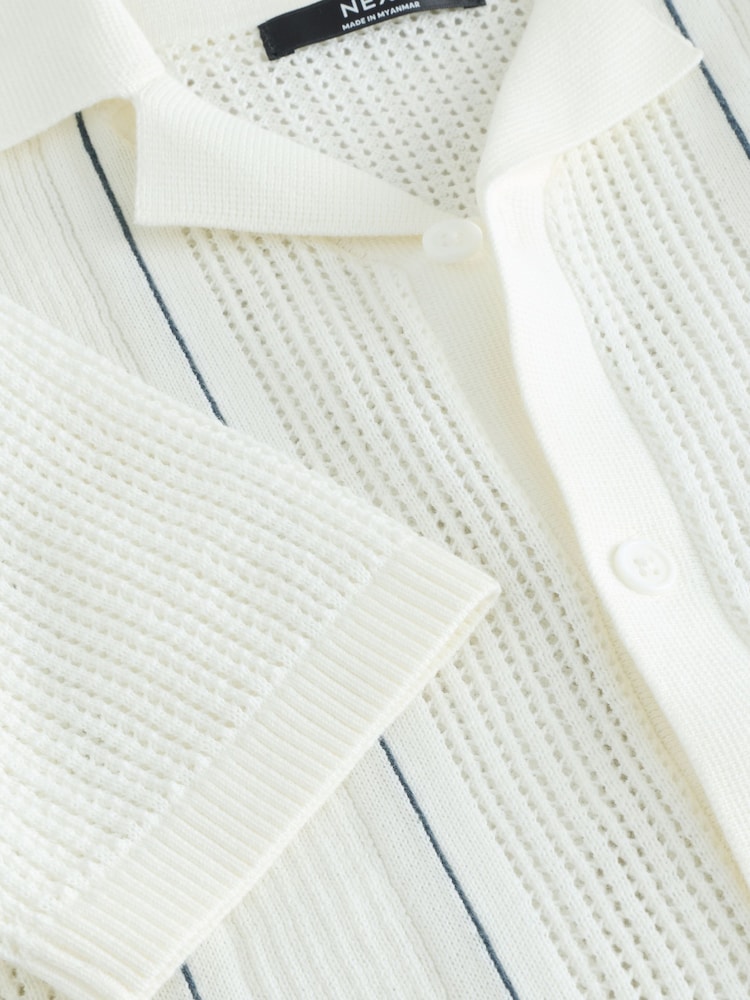 Ecru Vertical Stripe Short Sleeve Button Through Knitted 100% Cotton Polo Shirt (3-16yrs) - Image 4 of 4