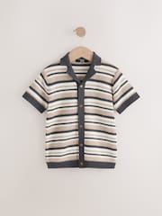 Neutral Black/White Textured Revere Collar Short Sleeve Knitted Polo Shirt (3-16yrs) - Image 1 of 4