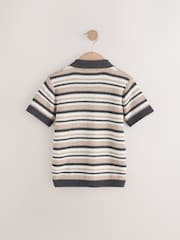 Neutral Black/White Textured Revere Collar Short Sleeve Knitted Polo Shirt (3-16yrs) - Image 2 of 4
