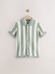 Green/Ecru Vertical Stripe Short Sleeve Button Through Knitted 100% Cotton Polo Shirt (3-16yrs) - Image 1 of 4