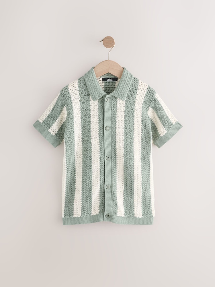 Green/Ecru Vertical Stripe Short Sleeve Button Through Knitted 100% Cotton Polo Shirt (3-16yrs) - Image 1 of 4