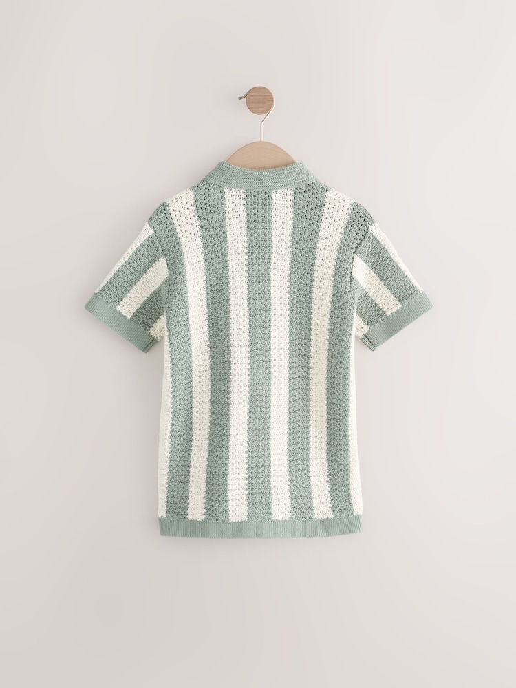 Green/Ecru Vertical Stripe Short Sleeve Button Through Knitted 100% Cotton Polo Shirt (3-16yrs) - Image 2 of 4