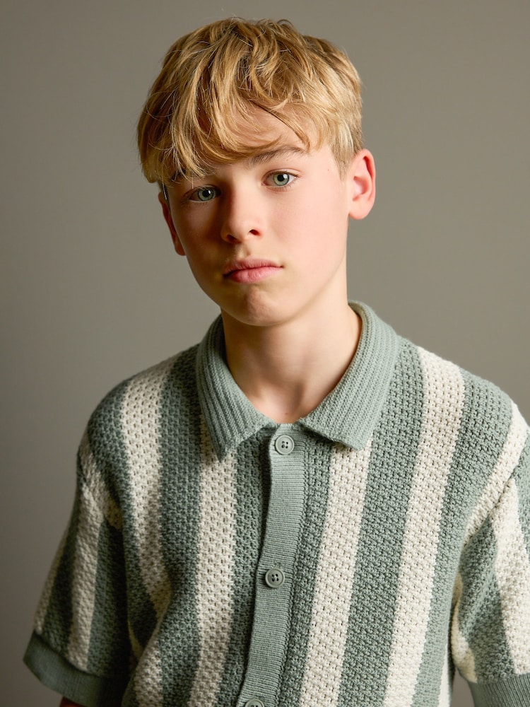 Green/Ecru Vertical Stripe Short Sleeve Button Through Knitted 100% Cotton Polo Shirt (3-16yrs) - Image 2 of 7 Green/Ecru Vertical Stripe Short Sleeve Button Through Knitted 100% Cotton Polo Shirt (3-16yrs) - Image 2 of 7