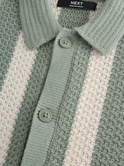 Green/Ecru Vertical Stripe Short Sleeve Button Through Knitted 100% Cotton Polo Shirt (3-16yrs) - Image 3 of 4
