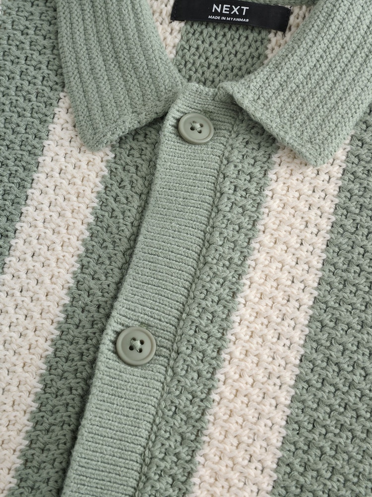 Green/Ecru Vertical Stripe Short Sleeve Button Through Knitted 100% Cotton Polo Shirt (3-16yrs) - Image 3 of 4