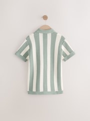 Green/Ecru Vertical Stripe Short Sleeve Button Through Knitted 100% Cotton Polo Shirt (3-16yrs) - Image 5 of 7