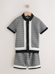 Monochrome Geo Knitted Button Through Polo Shirt and Shorts Set (3-16yrs) - Image 1 of 5