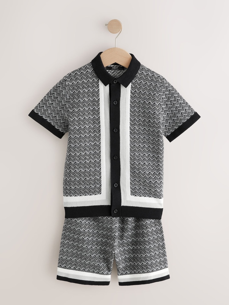 Monochrome Geo Knitted Button Through Polo Shirt and Shorts Set (3-16yrs) - Image 1 of 5