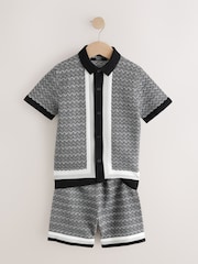 Monochrome Geo Knitted Button Through Polo Shirt and Shorts Set (3-16yrs) - Image 2 of 5
