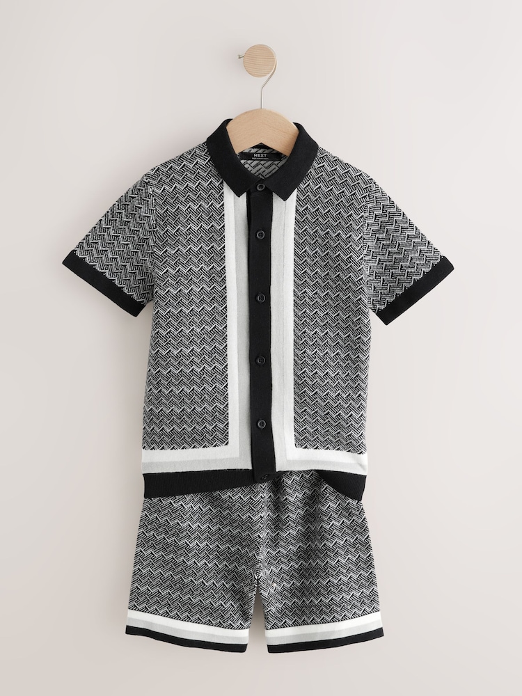 Monochrome Geo Knitted Button Through Polo Shirt and Shorts Set (3-16yrs) - Image 2 of 5