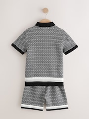 Monochrome Geo Knitted Button Through Polo Shirt and Shorts Set (3-16yrs) - Image 3 of 5
