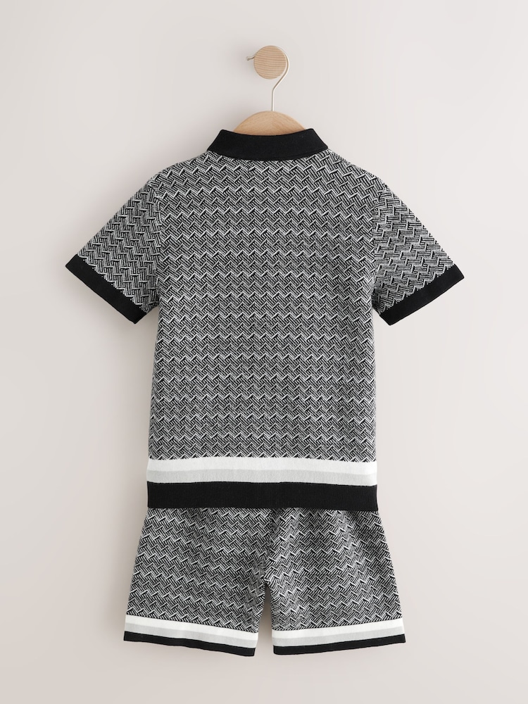 Monochrome Geo Knitted Button Through Polo Shirt and Shorts Set (3-16yrs) - Image 3 of 5