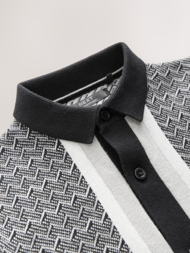 Monochrome Geo Knitted Button Through Polo Shirt and Shorts Set (3-16yrs) - Image 5 of 5