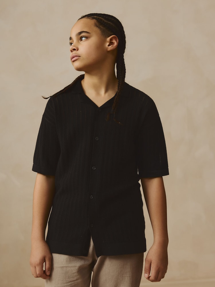 Black Button Through Short Sleeve Knitted Polo Shirt (3-16yrs) - Image 2 of 7