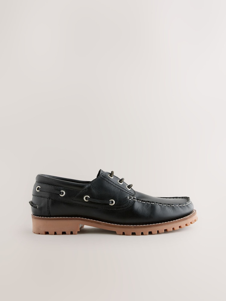 Black Leather Cleated Boat Shoes - Image 2 of 6