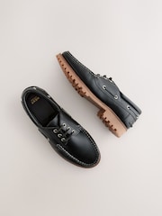 Black Leather Cleated Boat Shoes - Image 3 of 6