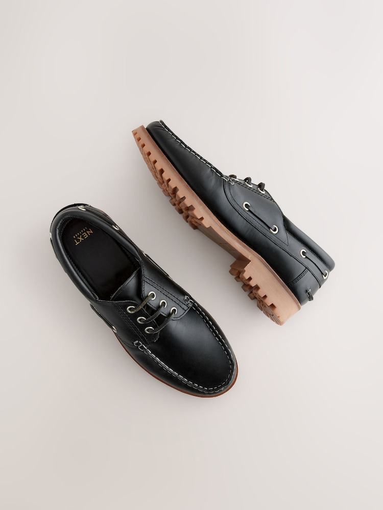 Black Leather Cleated Boat Shoes - Image 3 of 6