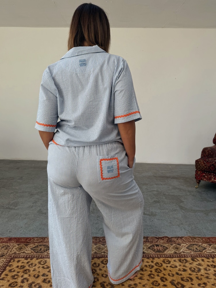 Never Fully Dressed Blue Seersucker Embroidered 100% Cotton Button Through Pyjamas - Image 2 of 5