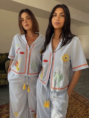Never Fully Dressed Blue Seersucker Embroidered 100% Cotton Button Through Pyjamas - Image 3 of 5