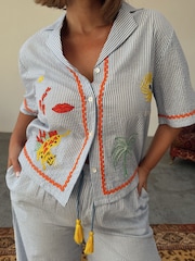 Never Fully Dressed Blue Seersucker Embroidered 100% Cotton Button Through Pyjamas - Image 4 of 5