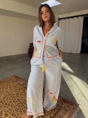 Never Fully Dressed Blue Seersucker Embroidered 100% Cotton Button Through Pyjamas - Image 5 of 5