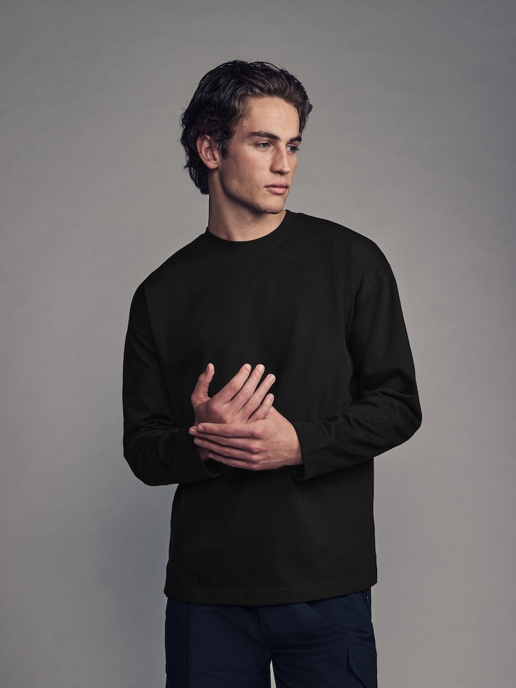 Black EDIT Relaxed Fit Long Sleeve Heavyweight 100% Cotton T-Shirt - Image 2 of 8
