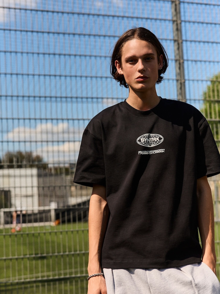 Black EDIT 100% Cotton Cropped Fit Heavyweight Graphic T-Shirt - Image 1 of 8