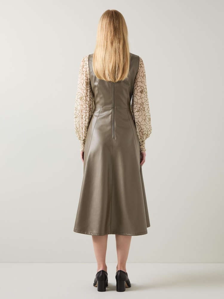 LK Bennett Green Laurie Olive Faux Leather Pinafore Dress - Image 2 of 3