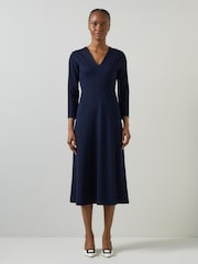 LK Bennett Blue Lauren V-Neck Ponte Midi Dress - Image 1 of 4