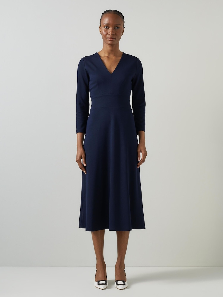 LK Bennett Blue Lauren V-Neck Ponte Midi Dress - Image 1 of 4