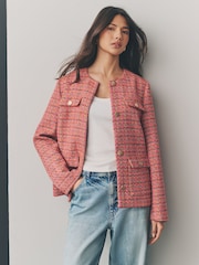 Pink/Orange Collarless Textured Boucle Jacket - Image 1 of 11