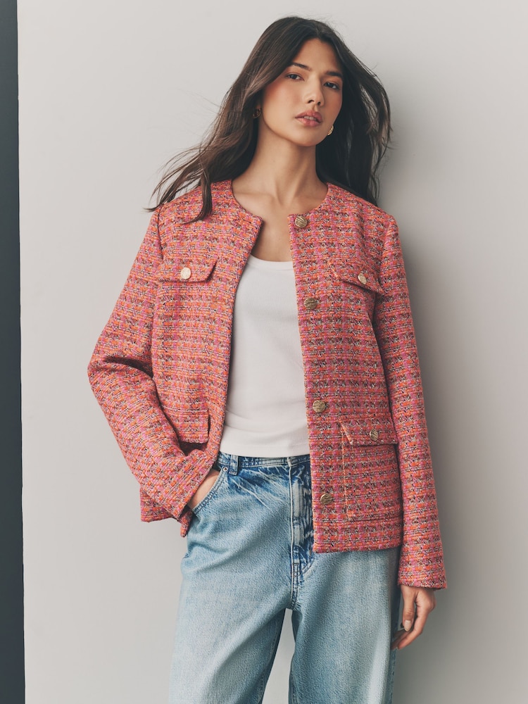 Pink/Orange Collarless Textured Boucle Jacket - Image 1 of 11