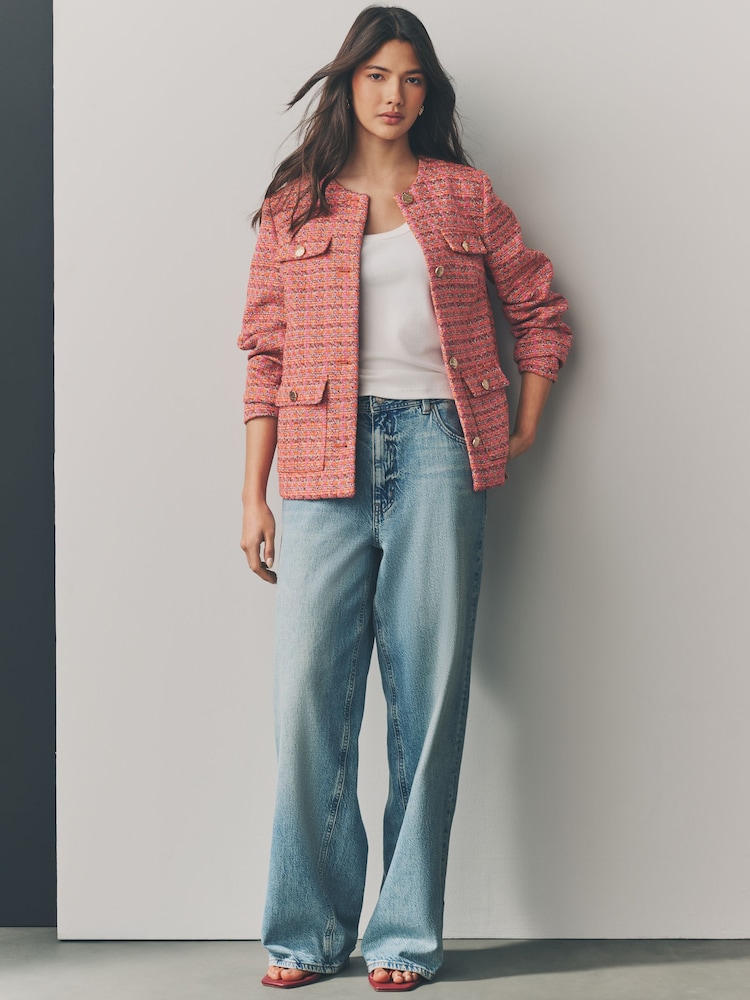 Pink/Orange Collarless Textured Boucle Jacket - Image 2 of 11