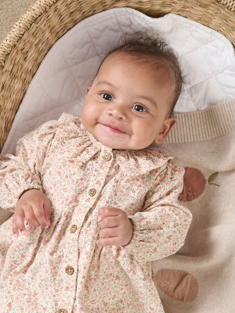 Mamas & Papas Pink 100% Cotton Floral Corduroy Dress With Tights - Image 1 of 6