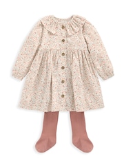 Mamas & Papas Pink 100% Cotton Floral Corduroy Dress With Tights - Image 4 of 6
