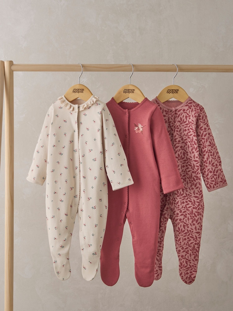 Mamas & Papas Pink 100% Cotton Cherries Sleepsuits 3 Pack - Image 2 of 5