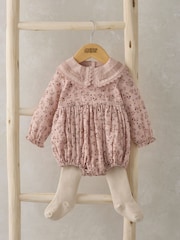 Mamas & Papas Pink 100% Cotton Floral Shortie Romper And Tights Set - Image 1 of 5