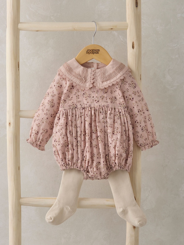 Mamas & Papas Pink 100% Cotton Floral Shortie Romper And Tights Set - Image 1 of 5 Mamas & Papas Pink 100% Cotton Floral Shortie Romper And Tights Set - Image 1 of 5