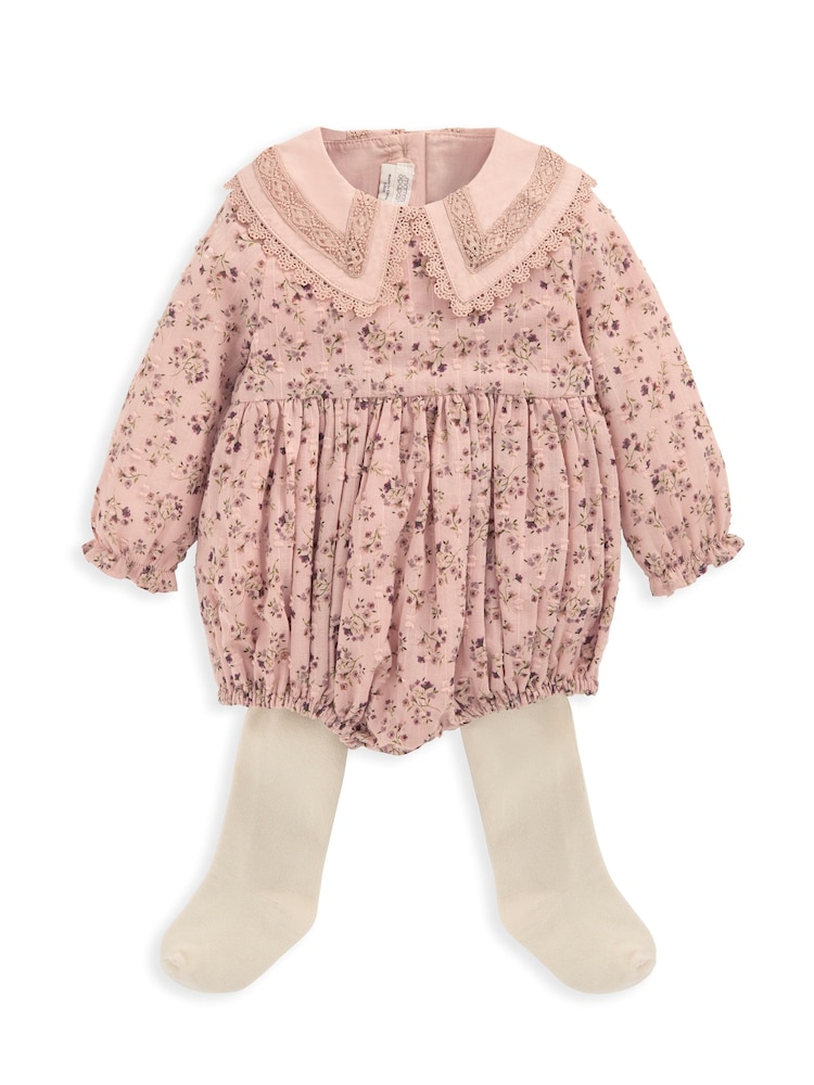 Mamas & Papas Pink 100% Cotton Floral Shortie Romper And Tights Set - Image 2 of 5