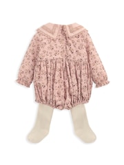 Mamas & Papas Pink 100% Cotton Floral Shortie Romper And Tights Set - Image 3 of 5