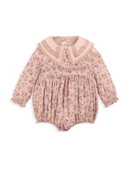 Mamas & Papas Pink 100% Cotton Floral Shortie Romper And Tights Set - Image 4 of 5