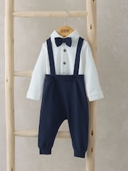 Mamas & Papas Blue 100% Cotton Bow Tie Braces Bodysuit & Trousers Outfit Set - Image 1 of 6