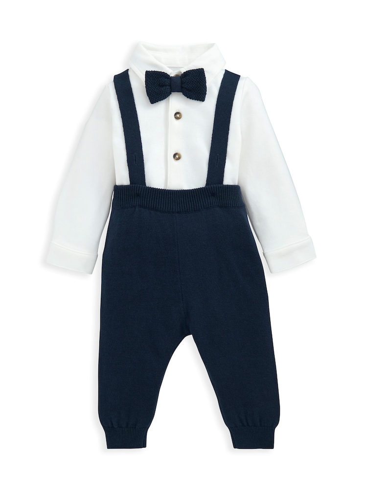 Mamas & Papas Blue 100% Cotton Bow Tie Braces Bodysuit & Trousers Outfit Set - Image 2 of 6